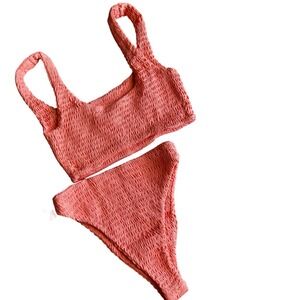 Naked Wardrobe Womens Coral Smocked Crinkle Bikini Set NW-W0523 Size S